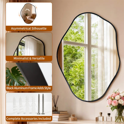 Black Frame Irregular Wall Mirror Vertical Hanging Bathroom Makeup Mirror 60x80cm