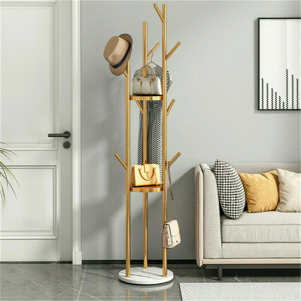 P&P Gold Metal Floor Coat Rack Stand Independent Marble Base Hat Clothes Hanger Tree
