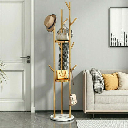 P&P Gold Metal Floor Coat Rack Stand Independent Marble Base Hat Clothes Hanger Tree