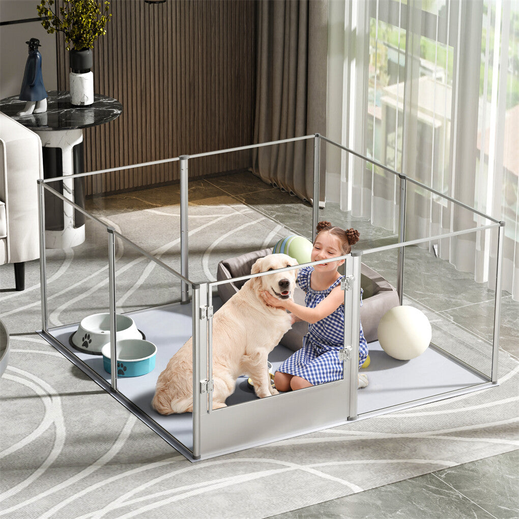 Eight-panel transparent dog playpen indoors
