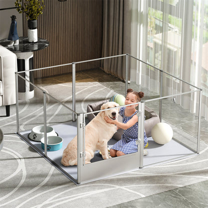 Eight-panel transparent dog playpen indoors
