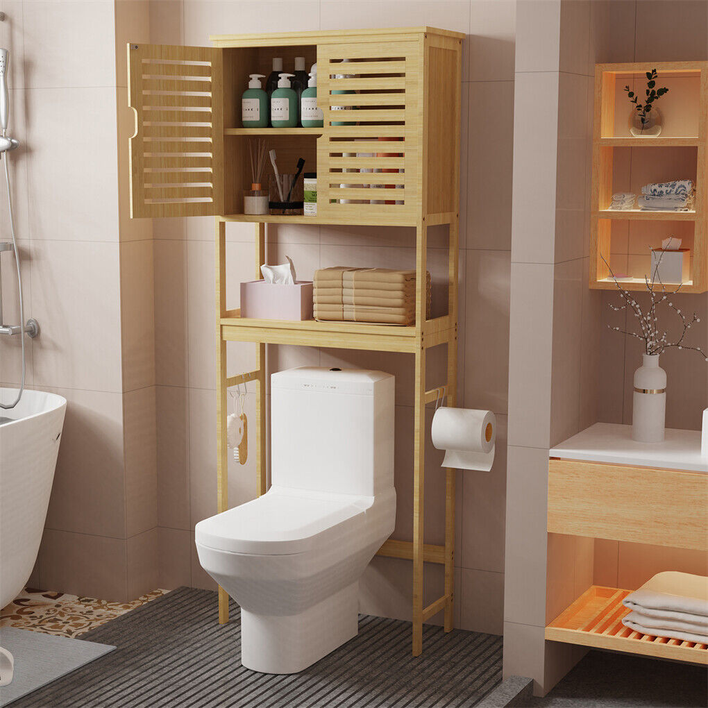 Bamboo bathroom organiser positioned above a toilet