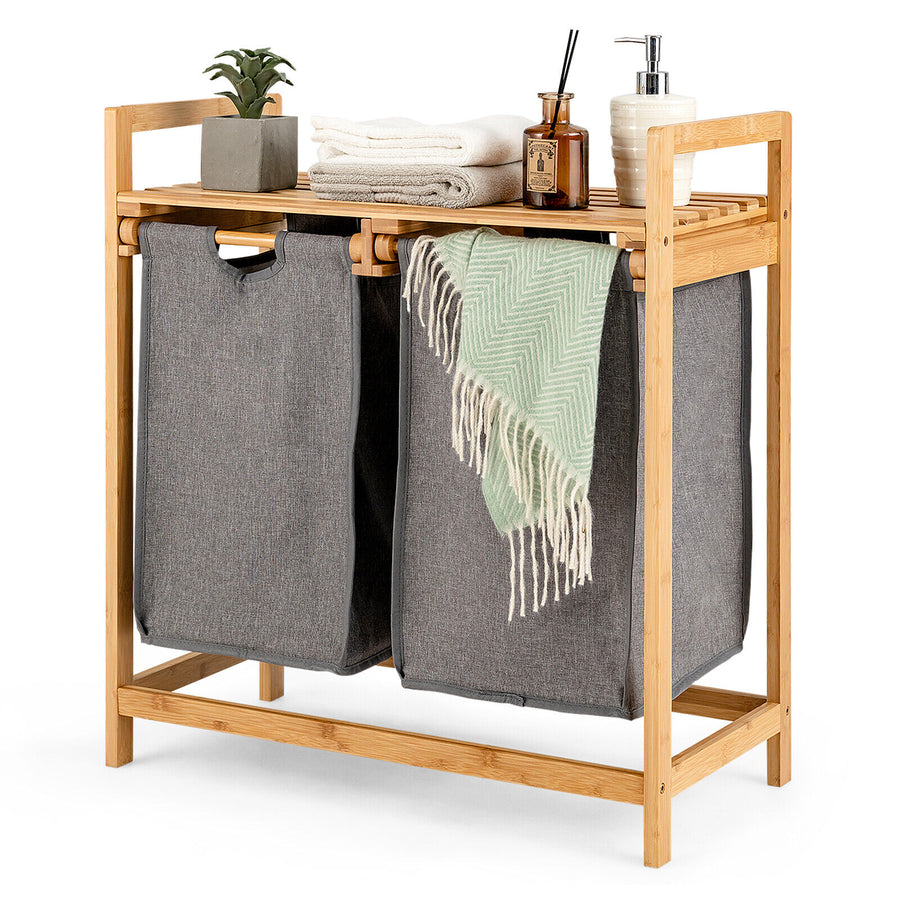 Bamboo Shelf Laundry Hamper with 2 Bags