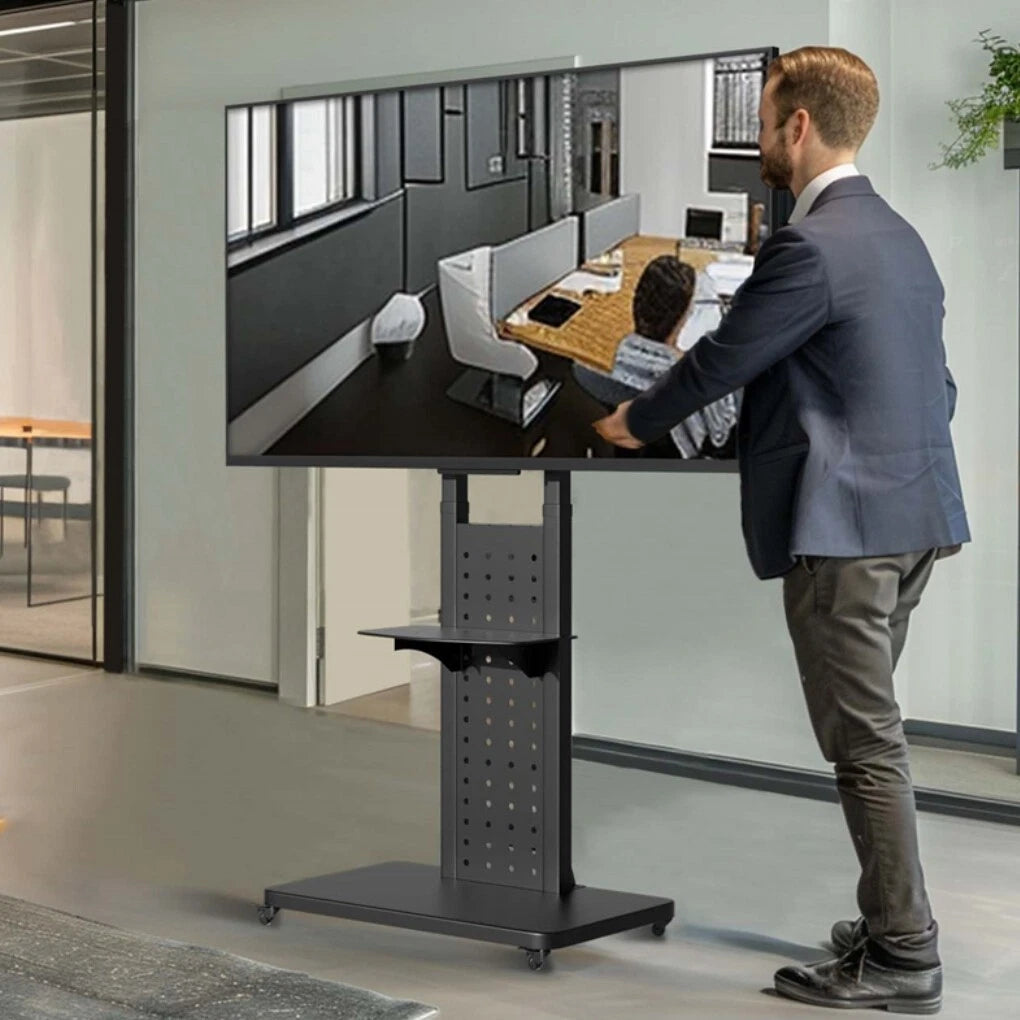 Adjustable TV stand with shelf and lockable wheels