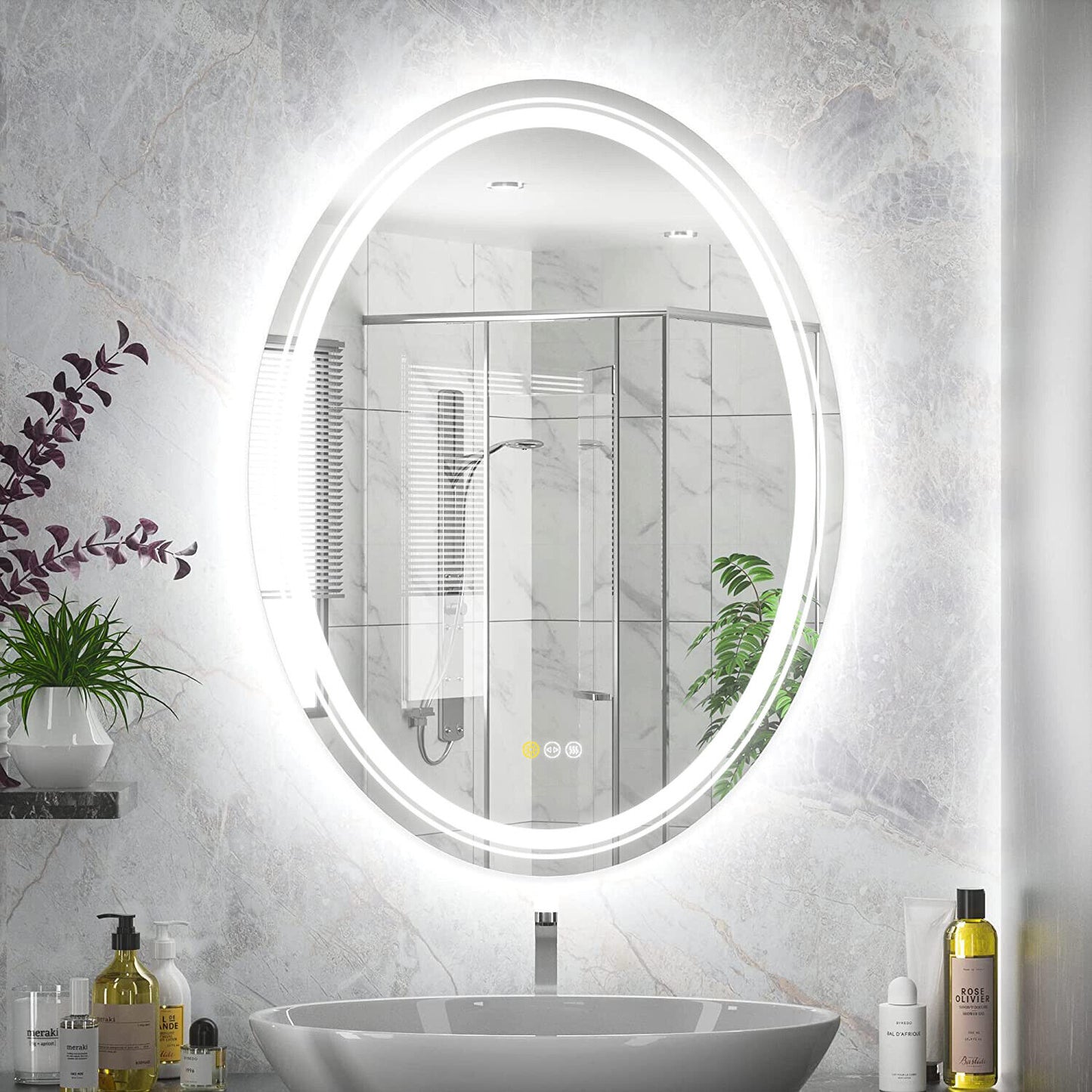 Dimmable oval LED bathroom mirror illuminated