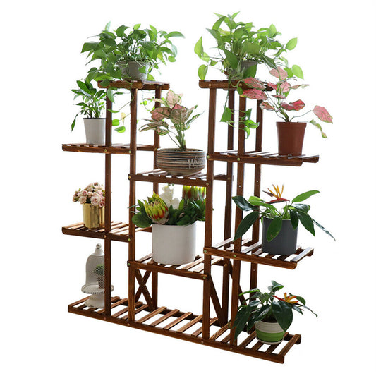 Eleven-tier carbonised pine plant stand for 17 pots
