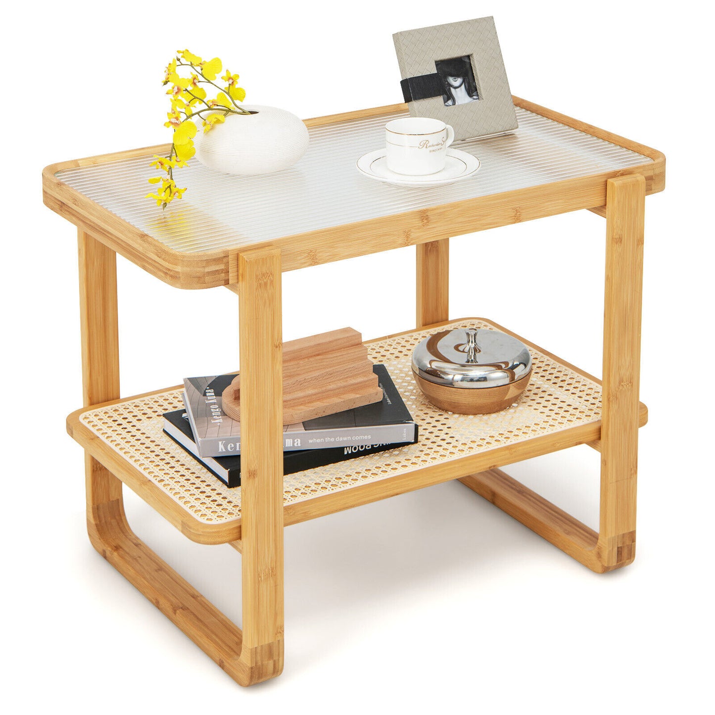 2-Tier Bamboo Side Table — Glass Top & Rattan Shelf