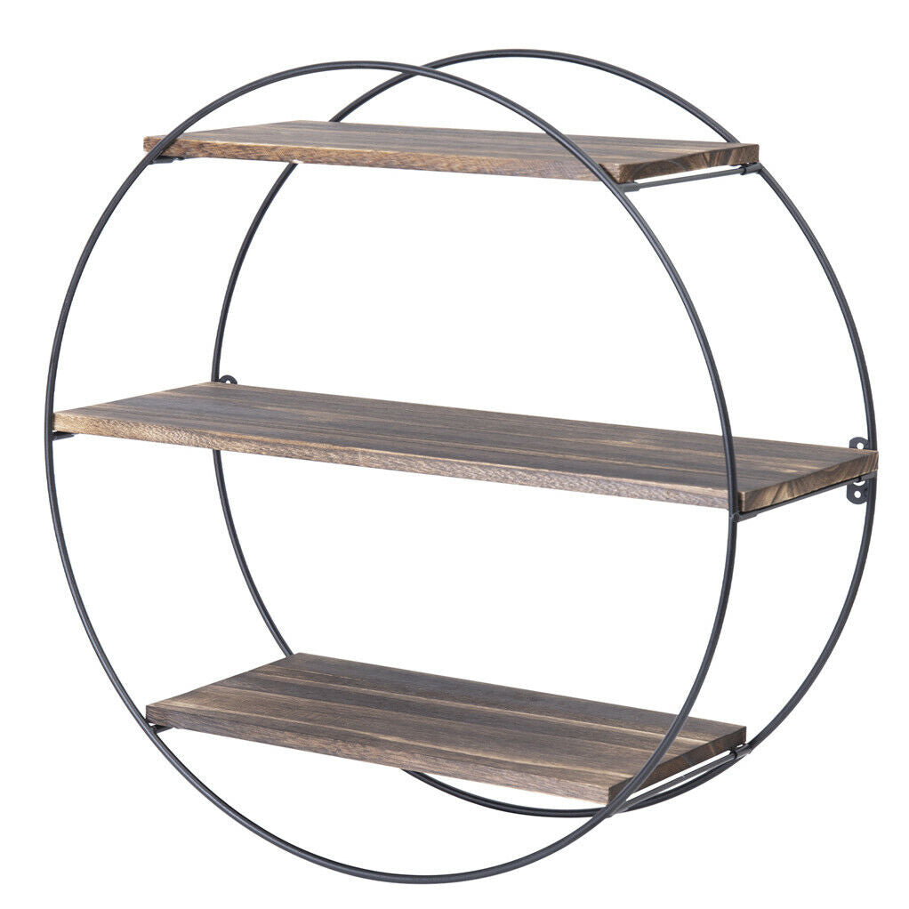 P&P Large Round Wall Unit Industrial Iron Style Retro Metal Wood Home Shelf Storage