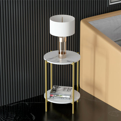 P&P White Marble Side End Table 2Tier Round Nightstand w/ Storage Shelf Living Room