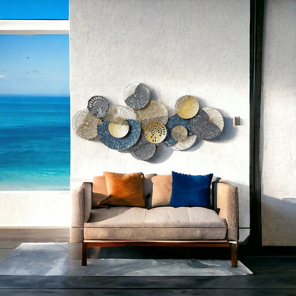 Modern metal wall art with gold, blue and silver textures