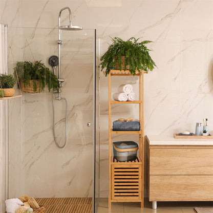 P&P Large Wooden Bathroom Storage Cabinet Slim Cupboard Organizer w 4 Shelf & 3 Hook