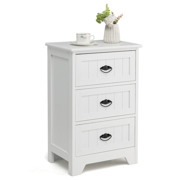 3-Drawer White Wood Bedside Table with Open Shelf