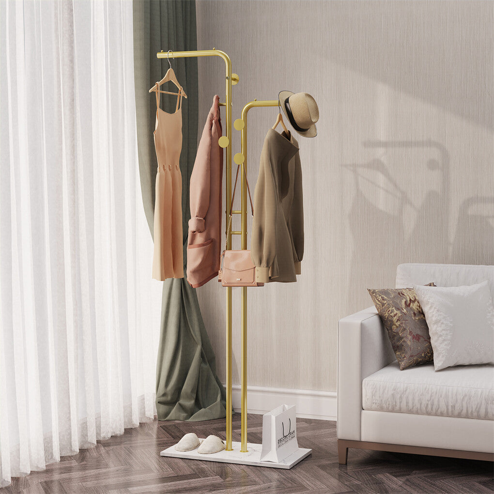 P&P Gold Double-pole Coat Rack Sturdy Marble Base Stand Freestanding Hall Tree wHook