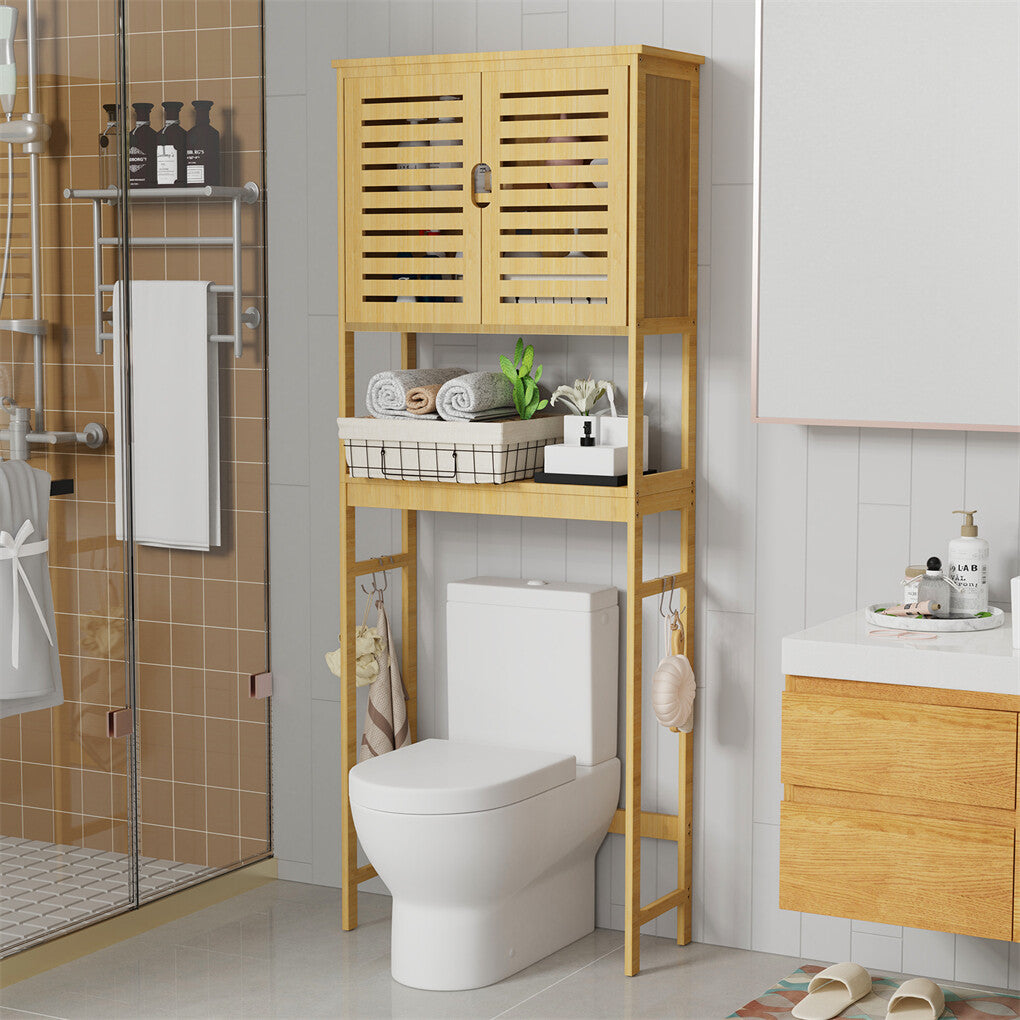 Over-toilet cabinet open shelf and interior storage