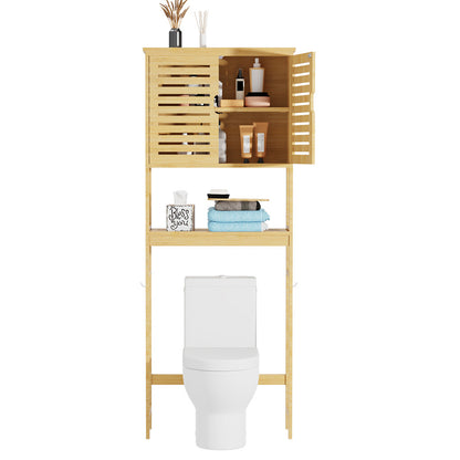 Four-tier bamboo over-toilet storage cabinet with two doors