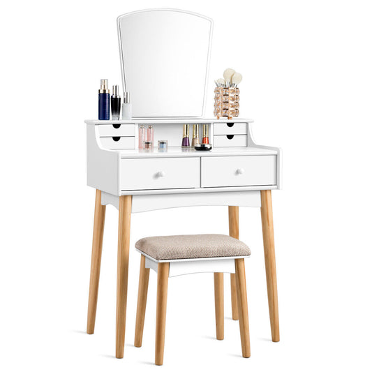 6-Drawer Vanity Table Set with Mirror & Cushioned Stool — White