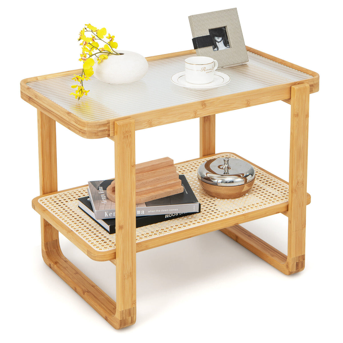 2-Tier Bamboo Side Table with Glass Top & Rattan Shelf