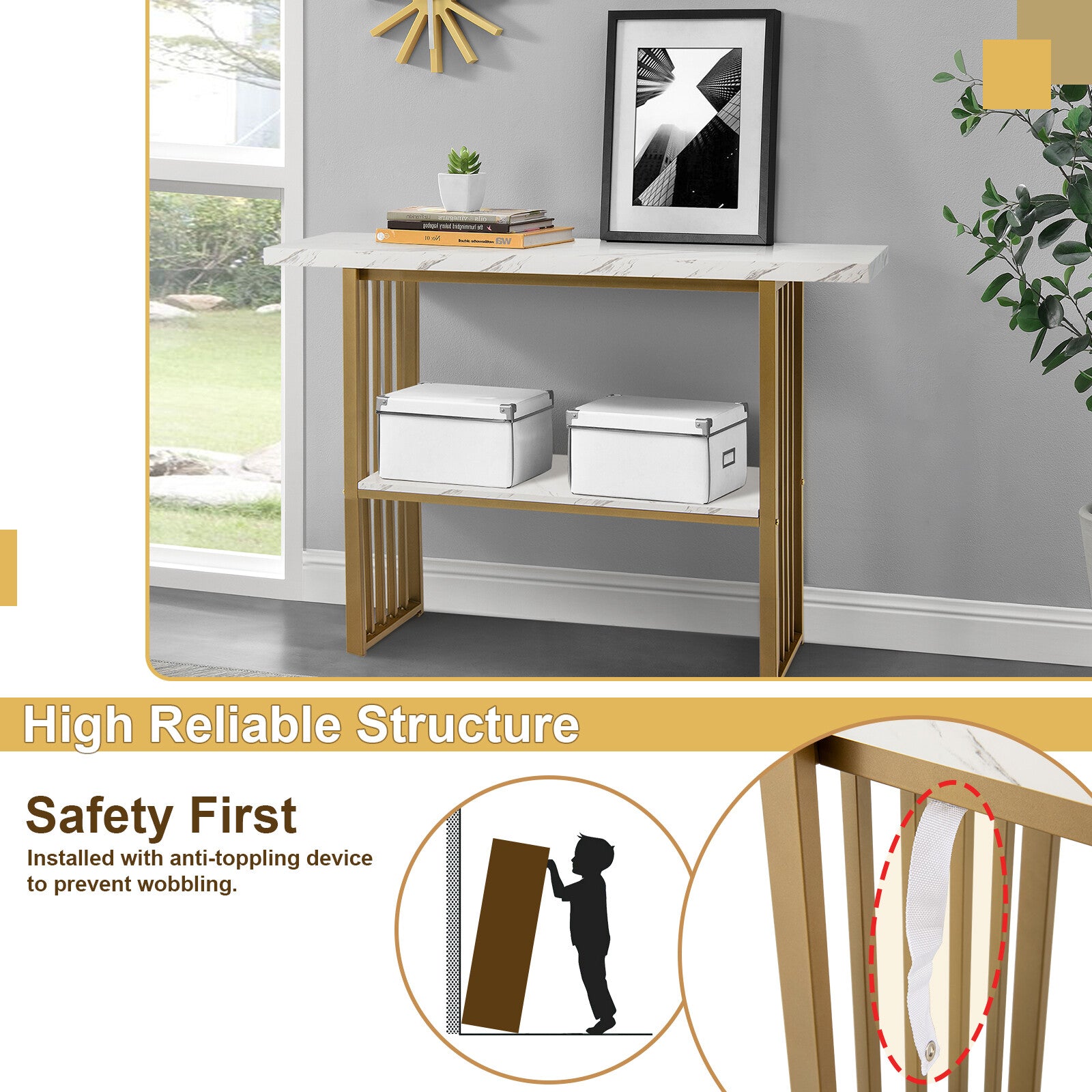 Console Table 2-Tier Beside Sofa Table with Faux Marble Tabletop Hallway