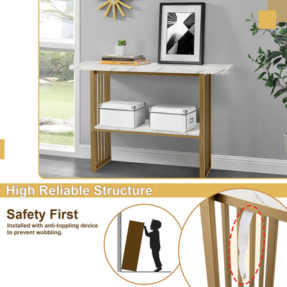 Console Table 2-Tier Beside Sofa Table with Faux Marble Tabletop Hallway