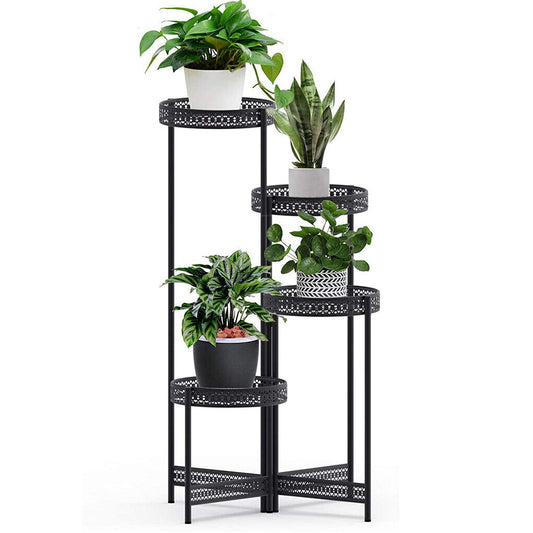 Four-tier foldable black metal corner plant stand