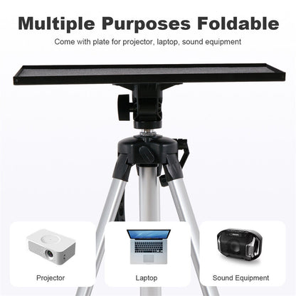Tilting equipment tray on adjustable tripod stand