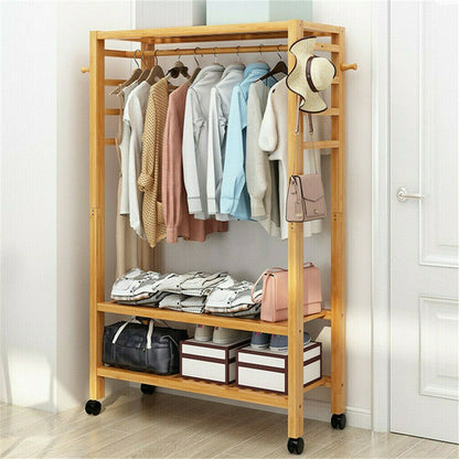 Bamboo garment rack showing hanging rail and storage tiers