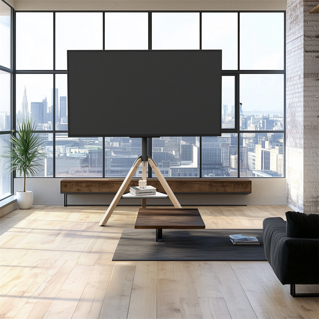 P&P 32-75 Inch Swivel Tripod TV Stand Stable Wooden Legs TV Mount with Marble Shelf