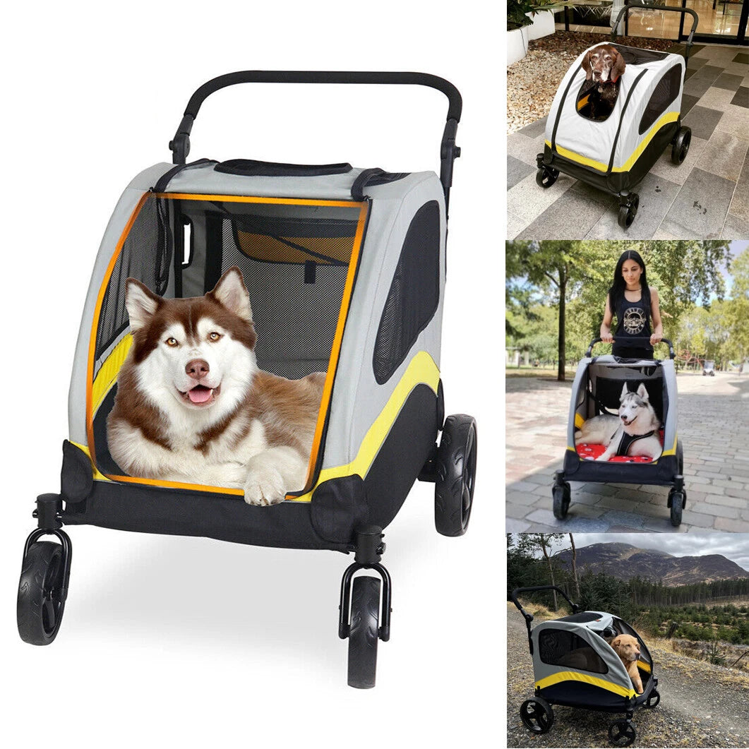 Large foldable dog stroller with breathable mesh cabin