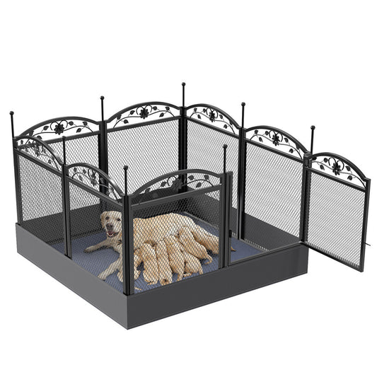 Eight-panel black metal dog playpen with floor mat