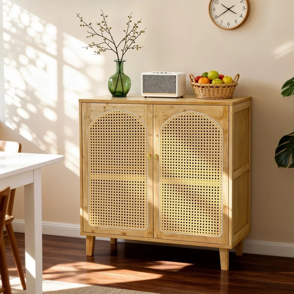 Bamboo Kitchen Buffet Sideboard Storage Cabinet XL - Modern Rattan Cupboard with Shelves for Dining Room Hallway Living Room