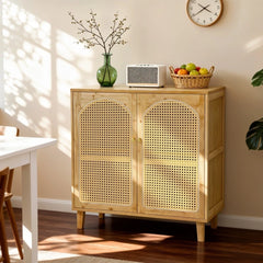 Bamboo Kitchen Buffet Sideboard Storage Cabinet XL - Modern Rattan Cupboard with Shelves for Dining Room Hallway Living Room