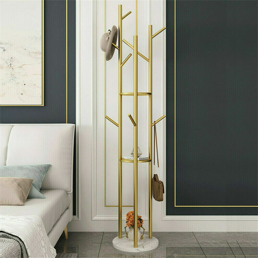 P&P Gold Metal Floor Coat Rack Stand Independent Marble Base Hat Clothes Hanger Tree