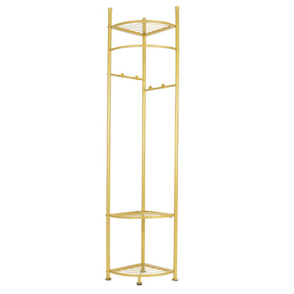 Gold corner coat rack with hanging rail hooks and three shelves
