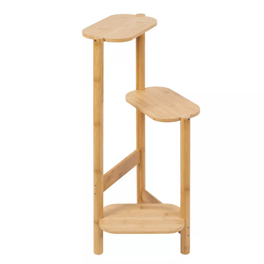 Three-tier bamboo corner plant stand with potted plants