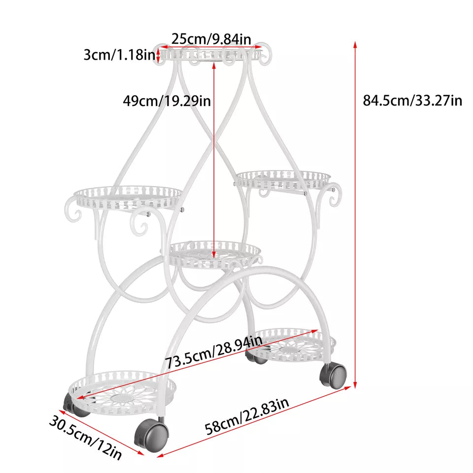 Multi-tier white metal plant stand on wheels