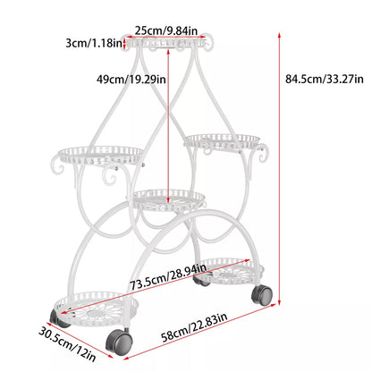 Multi-tier white metal plant stand on wheels