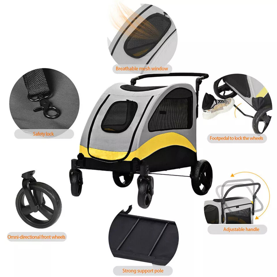 Dog stroller with swivelling front wheels