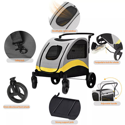 Dog stroller with swivelling front wheels