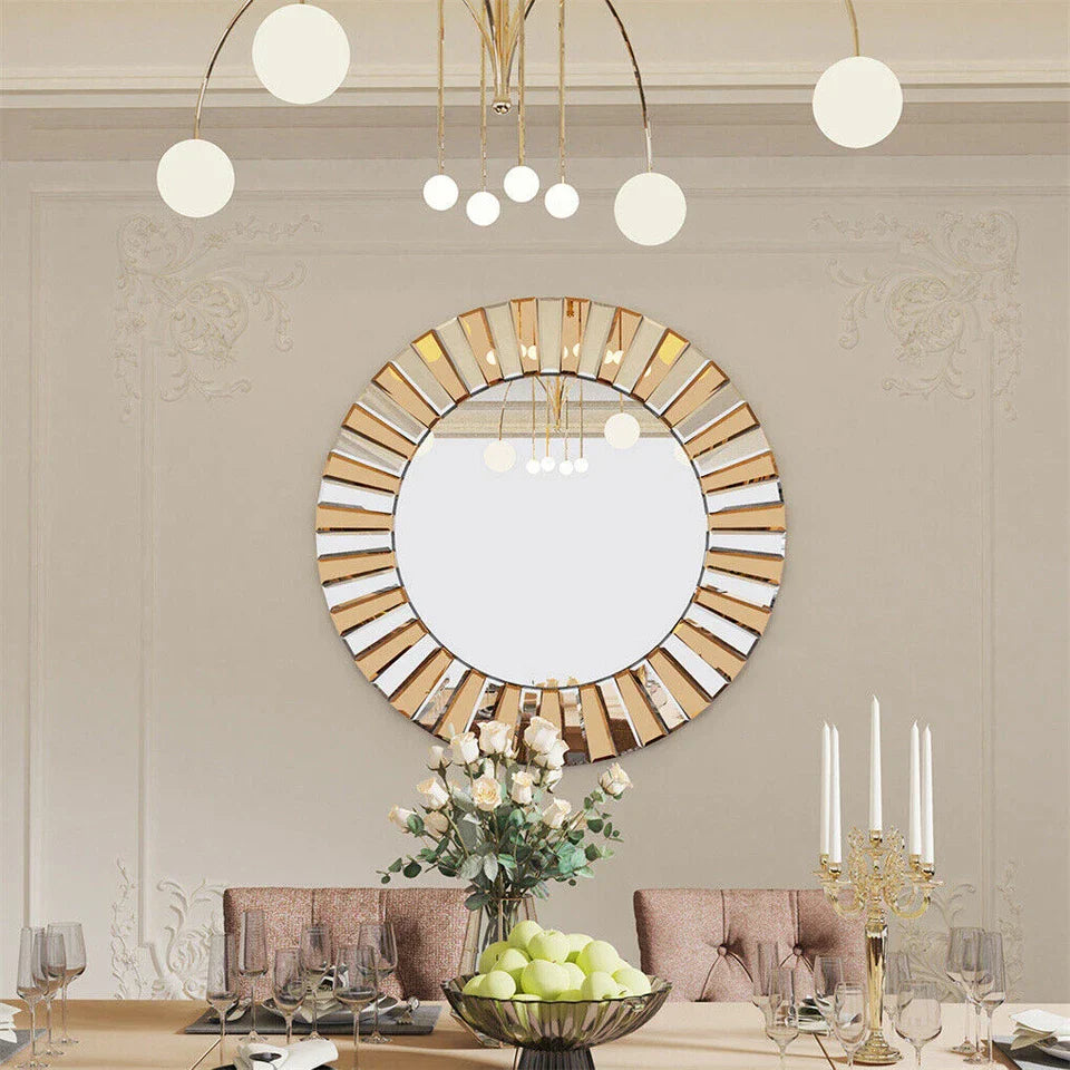 Decorative round sunburst wall mirror with silver and tawny finish