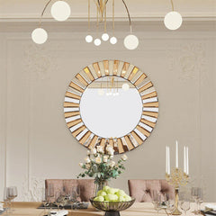 Decorative round sunburst wall mirror with silver and tawny finish