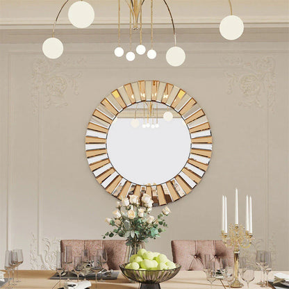Decorative round sunburst wall mirror with silver and tawny finish