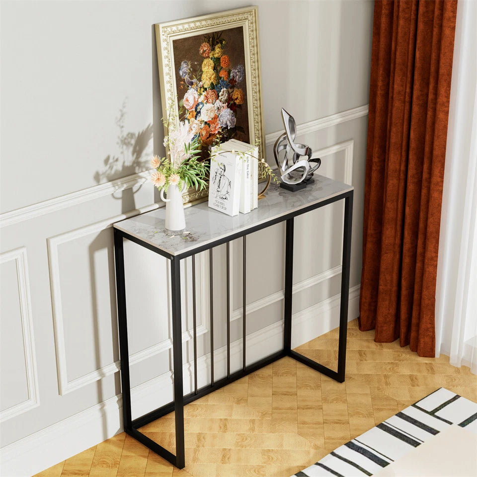 Modern white stone console table with sleek metal legs