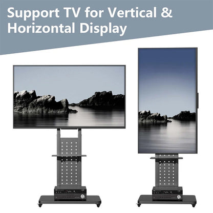 Lockable caster wheels on the black TV floor stand
