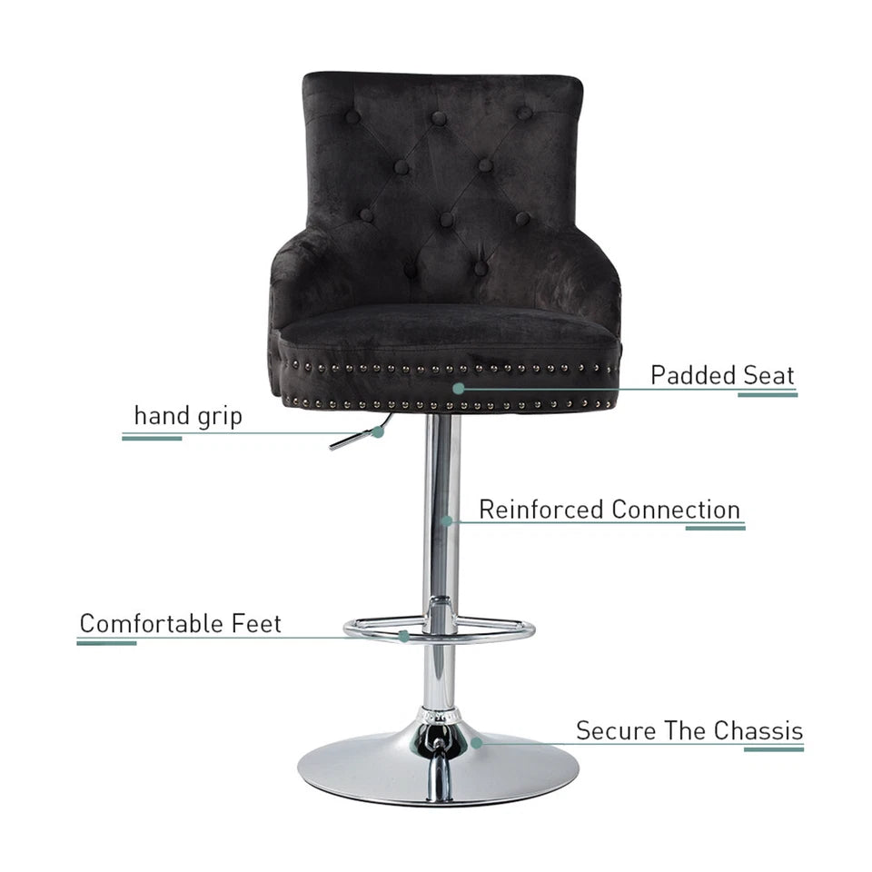 Modern swivel bar stool with black velvet upholstery