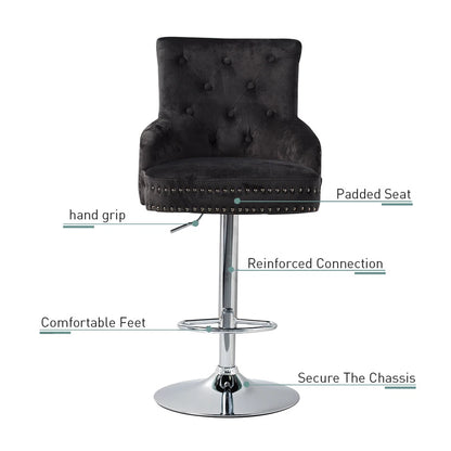Modern swivel bar stool with black velvet upholstery