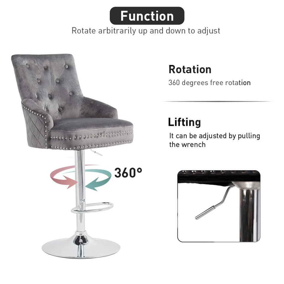 Adjustable height gray velvet counter stool with chrome base