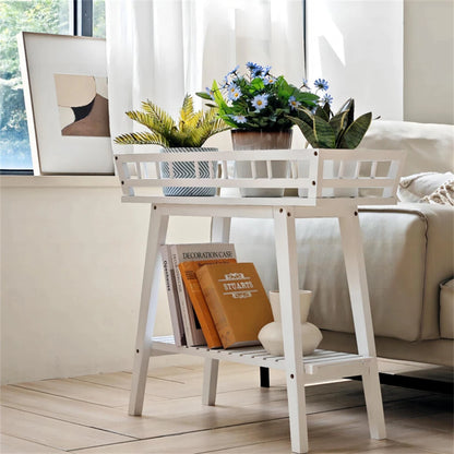 2 Tier Decorative Plant Stand & Accent Table Indoor/Outdoor Flower Display Shelf for Living Room, Balcony, or Patio