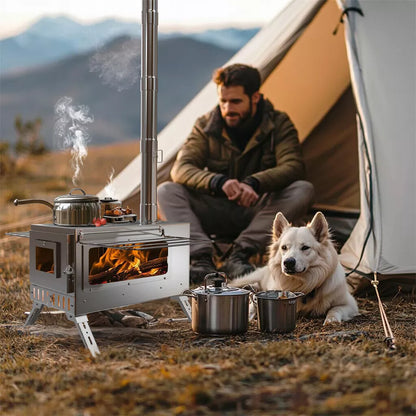 7-Pipe Portable Wood Burning Camping Stove â€” Outdoor & Backyard