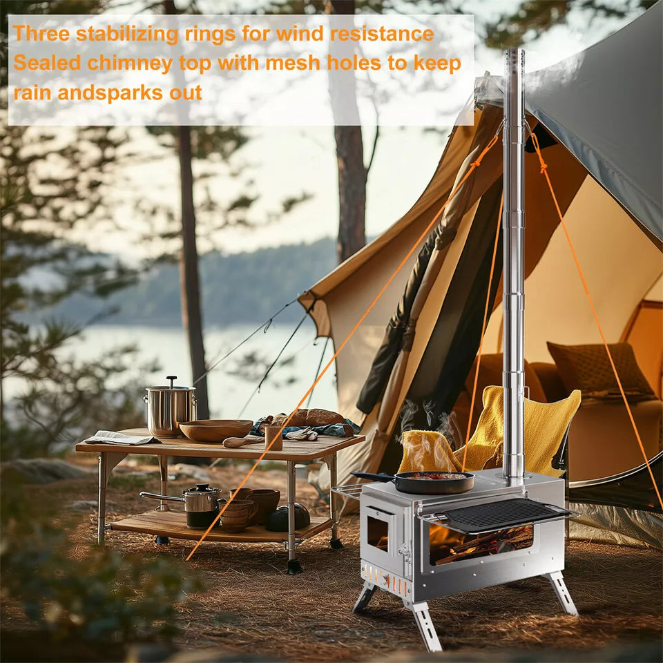 7-Pipe Portable Wood Burning Camping Stove â€” Outdoor & Backyard