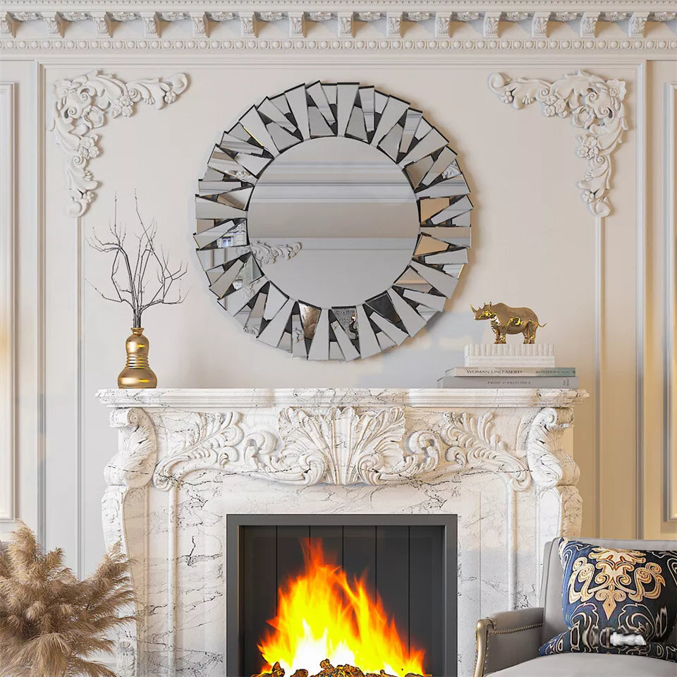 Sunburst mirror styled on a feature wall